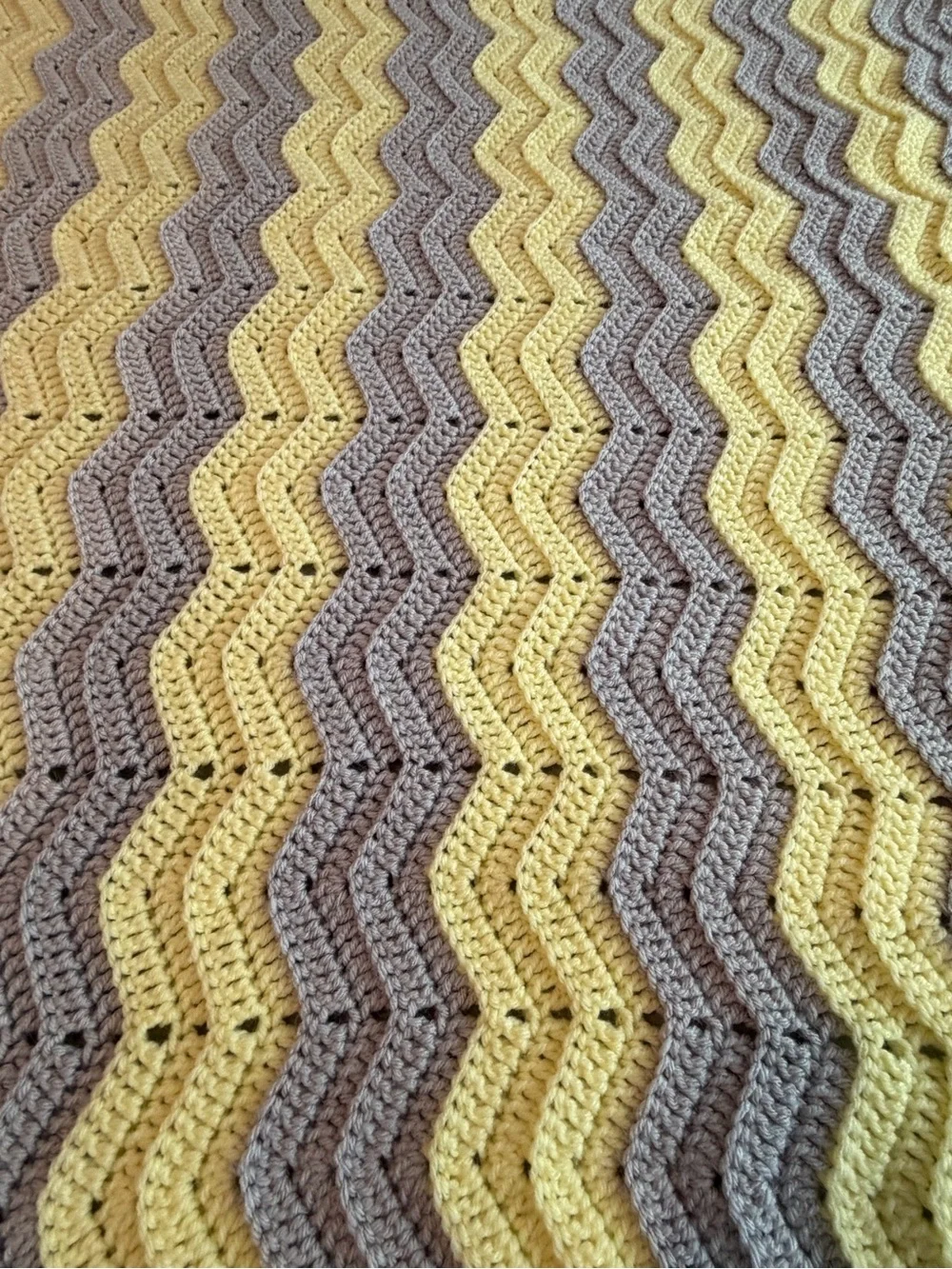 Hand Crocheted Yellow Grey Chevron Ripple Afghan Baby Blanket Throw 40x46